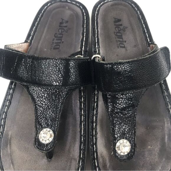 Alegria Black Leather T Strap Diamond Button Slip On Wedge Heel Support Sandals - Picture 6 of 14